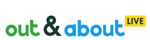Logo for out & about LIVE, with 'out' in green, '&' in black, 'about' in blue, and a yellow 'LIVE' badge.